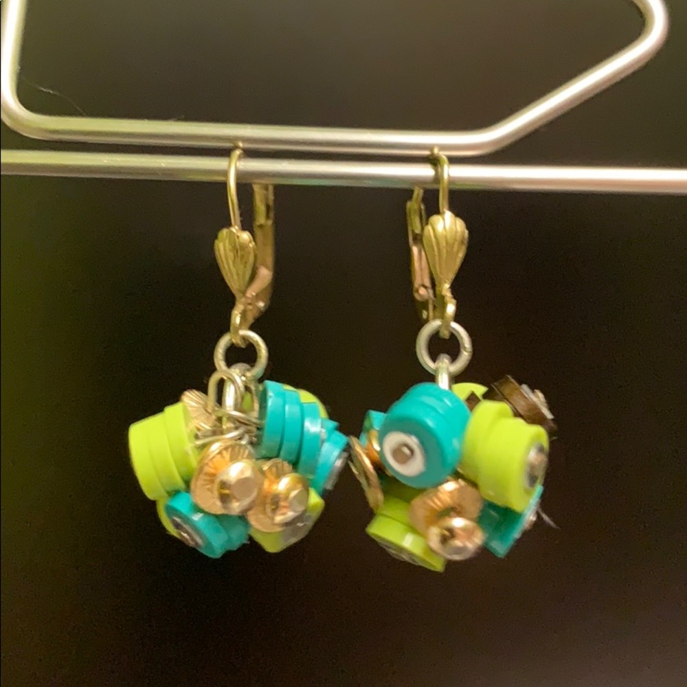 Vintage earring green brown and gold disc dangle